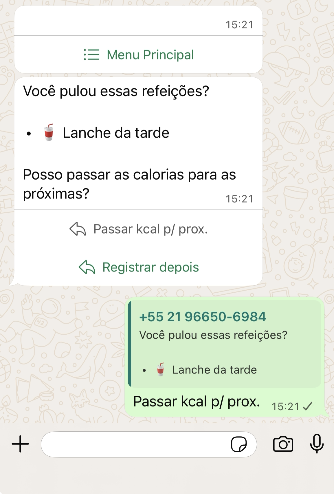 Tela mostrando rebalanceamento de calorias entre refeições